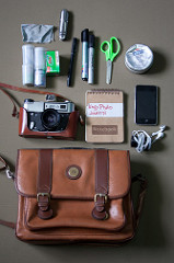 An image of a pouch, camera, notebook, pens and other craft items.